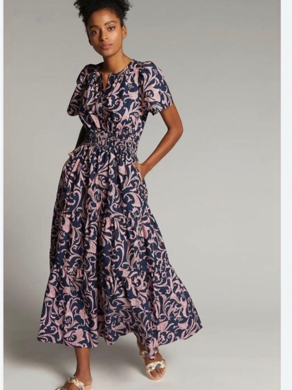 Anthropologie Navy and Pink Floral Shirred-Waist Maxi Dress
